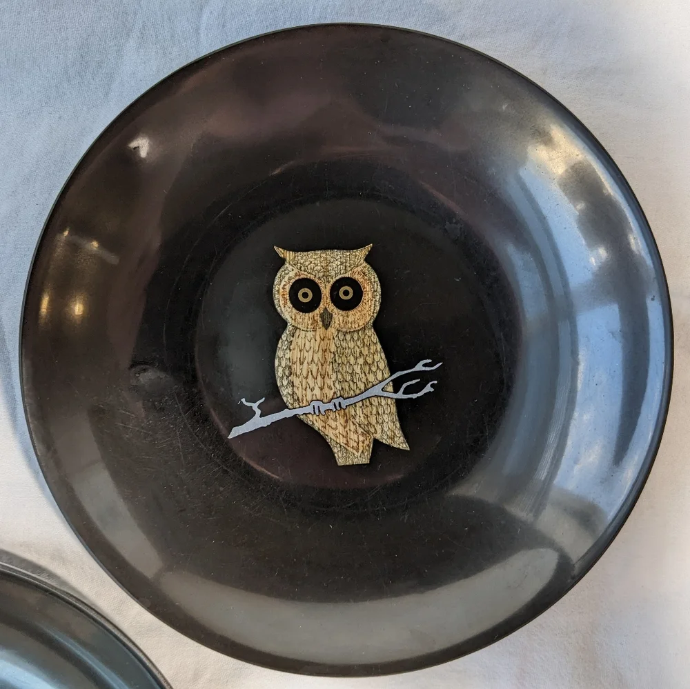 Vintage Couroc Monterey CA Inlaid Wood Owl Black Resin Bowls - 2